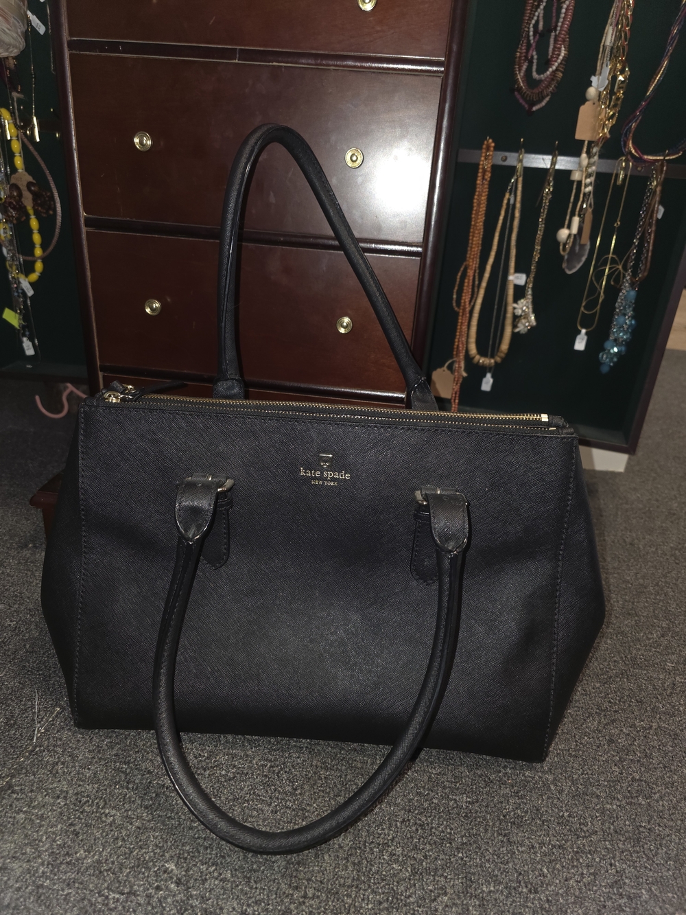 kate spade Black Leather Tote Bag with Gold Logo